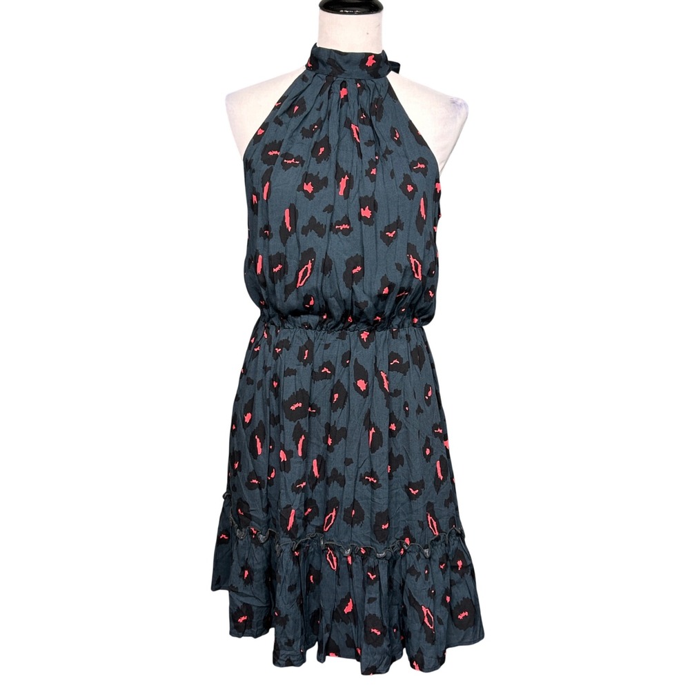 BTFBM Halter Neck Dress Women M Blue Red Leopard NWT Ruffle Hem Boho Sleeveless